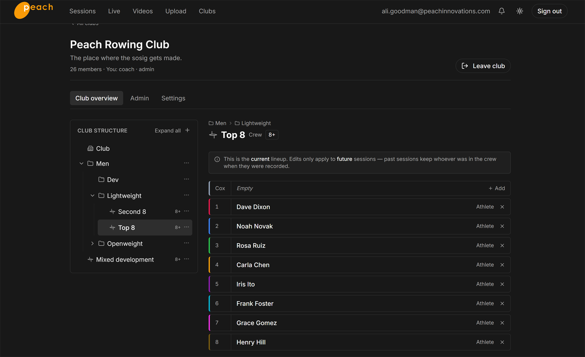 Club portal — athletes, coaches and squads